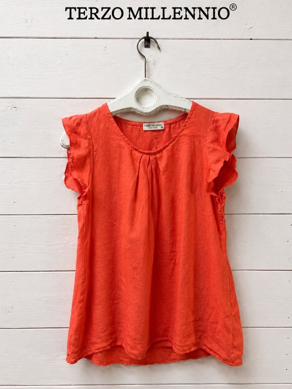 TERZO MILLENNIO ORANGE-RED LINEN BLOUSE – RUFFLE SLEEVE size M